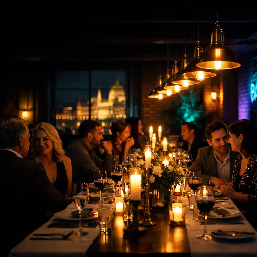 Hangulatos, közösen terített asztal egy alacsony fényű tematikus éttermi estén